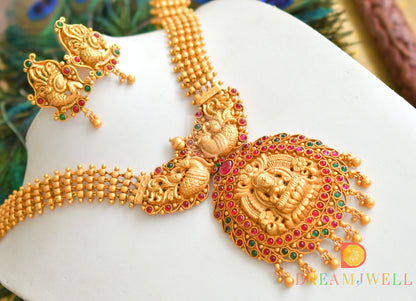 Matte finish ruby-emerald big Lakshmi-peacock haar set dj-13306