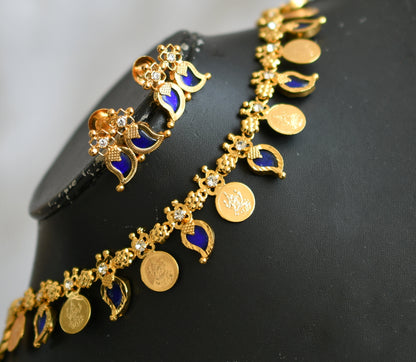 Gold tone palakka blue mango lakshmi coin designer haar set dj-34057