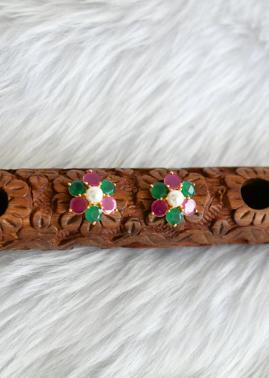 Gold tone coral-ruby-emerald stone flower earrings stud dj-39180