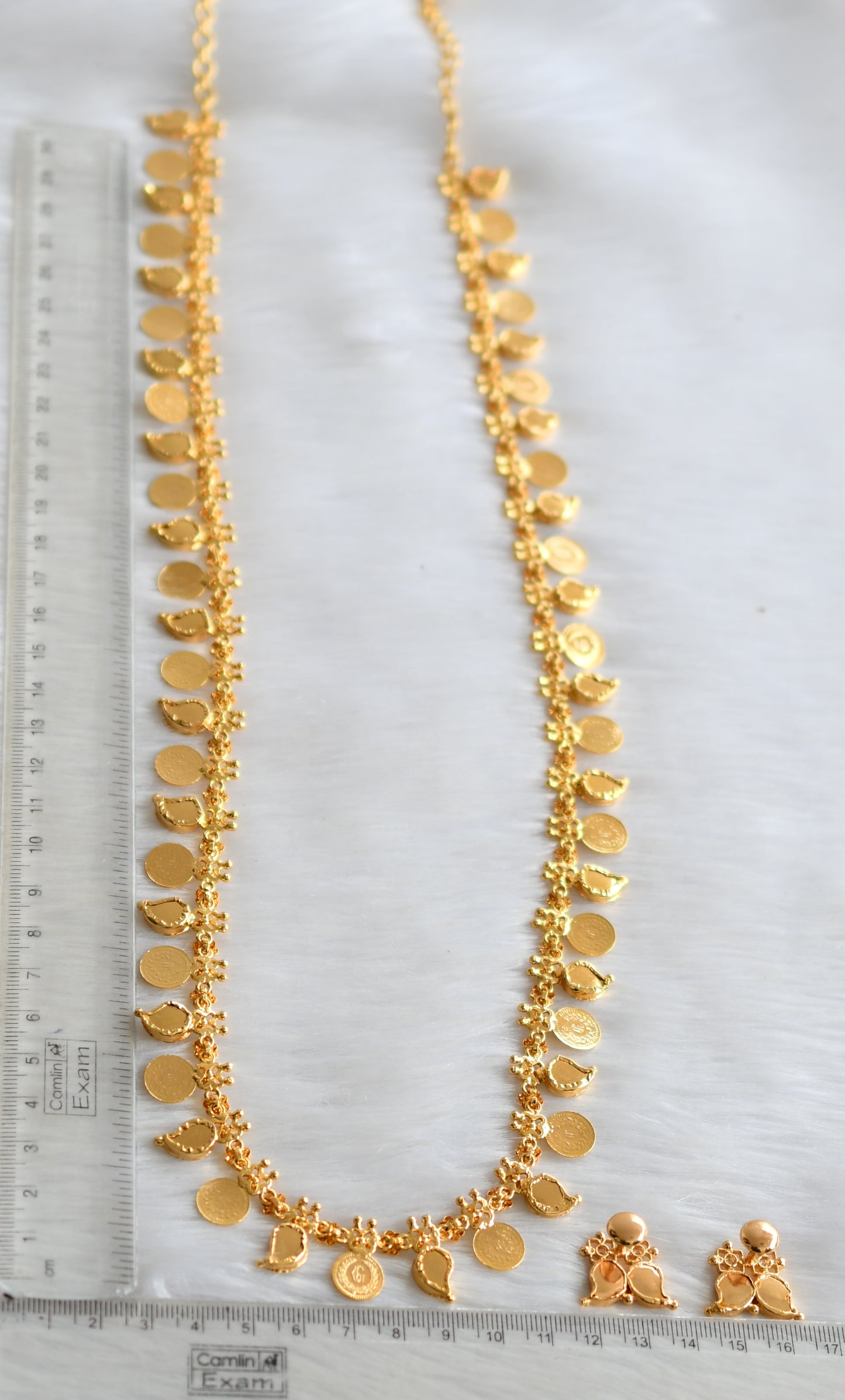 Gold tone palakka blue mango lakshmi coin designer haar set dj-34057