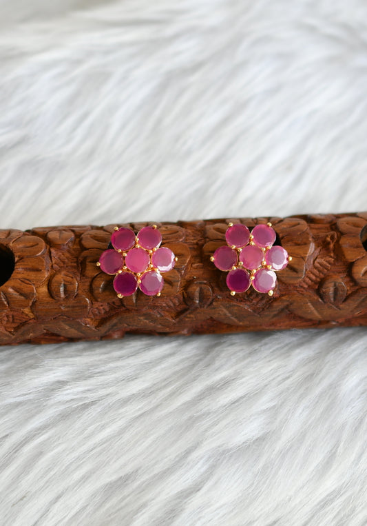 Gold tone ruby stone flower earrings stud dj-39181