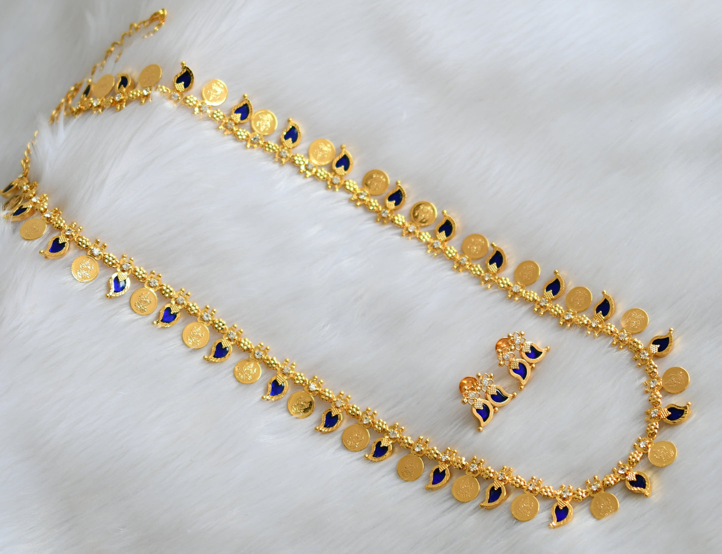 Gold tone palakka blue mango lakshmi coin designer haar set dj-34057