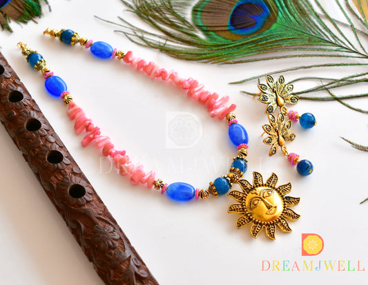 Antique pink-blue sun pendant necklace set dj-36120