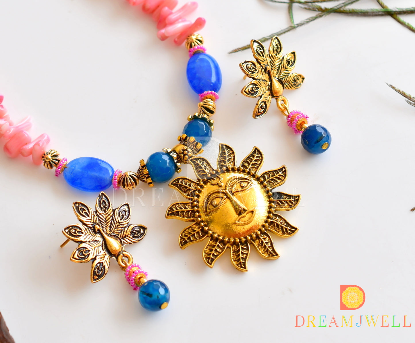 Antique pink-blue sun pendant necklace set dj-36120