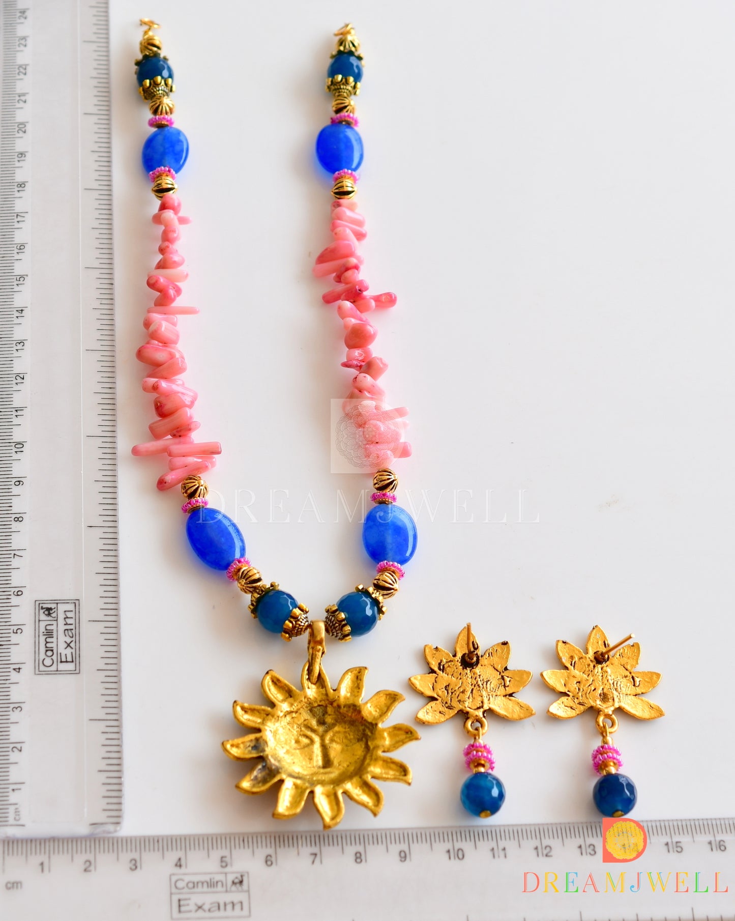 Antique pink-blue sun pendant necklace set dj-36120