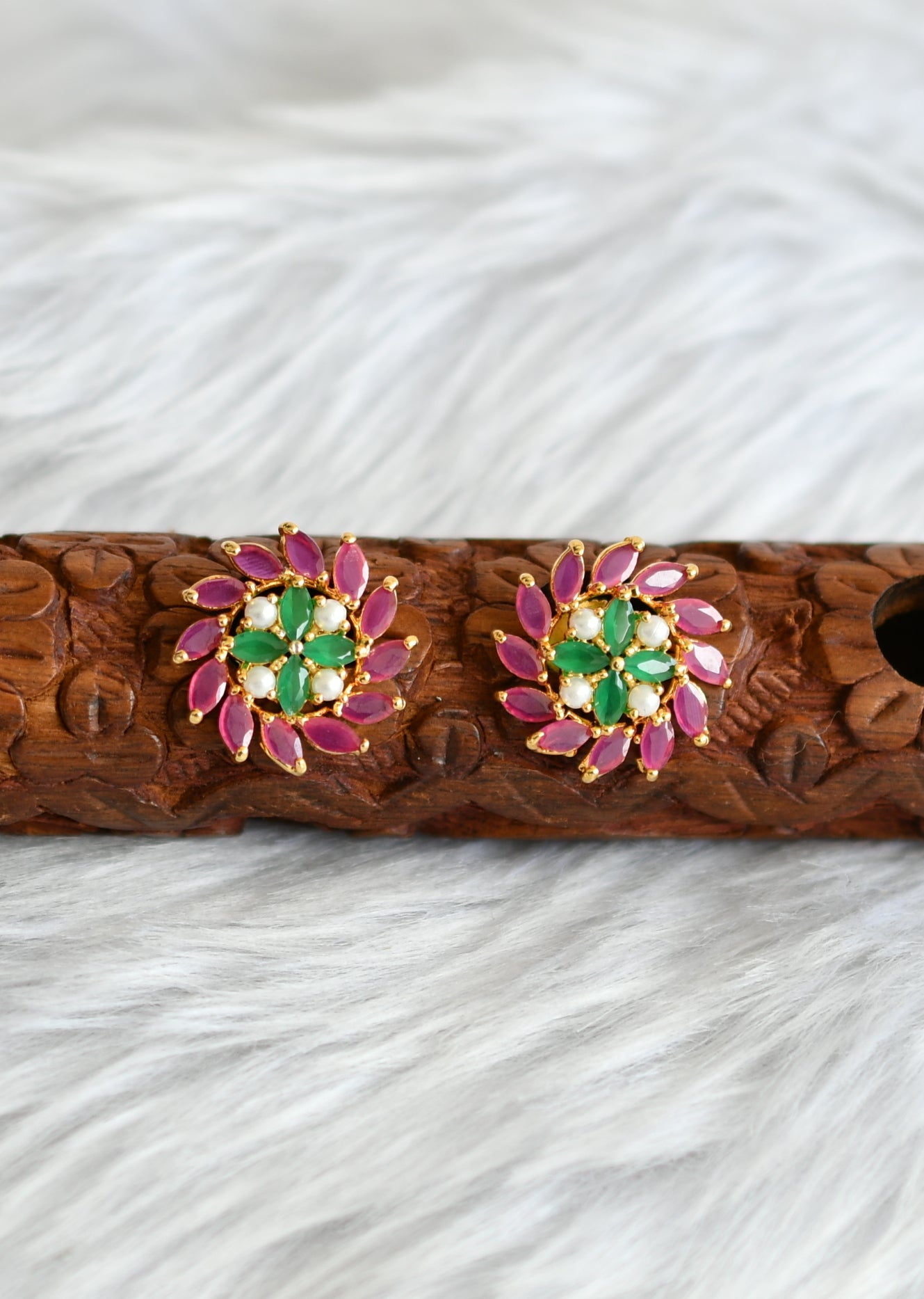 Gold tone ruby-emerald-white stone earrings/Stud dj-39184