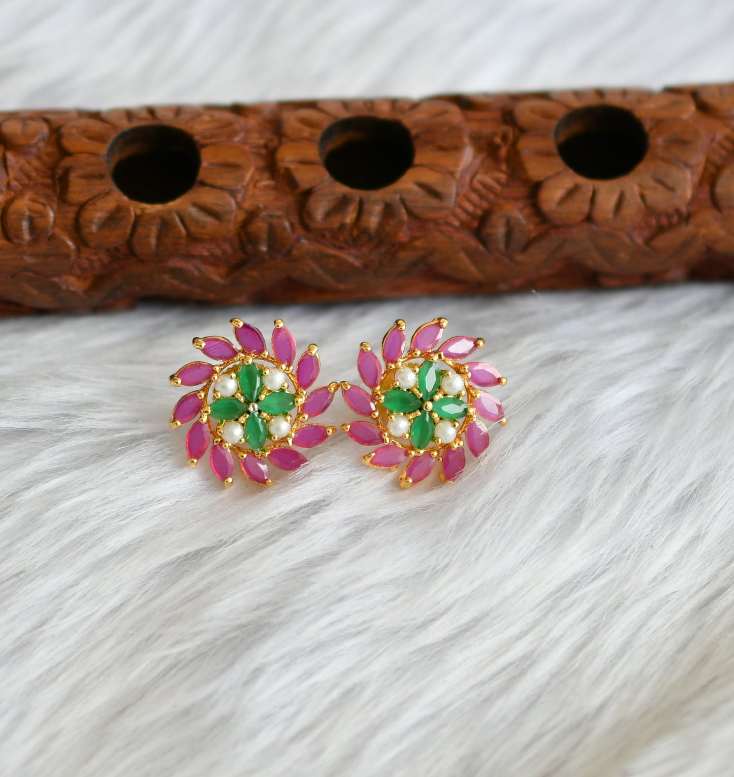 Gold tone ruby-emerald-white stone earrings/Stud dj-39184