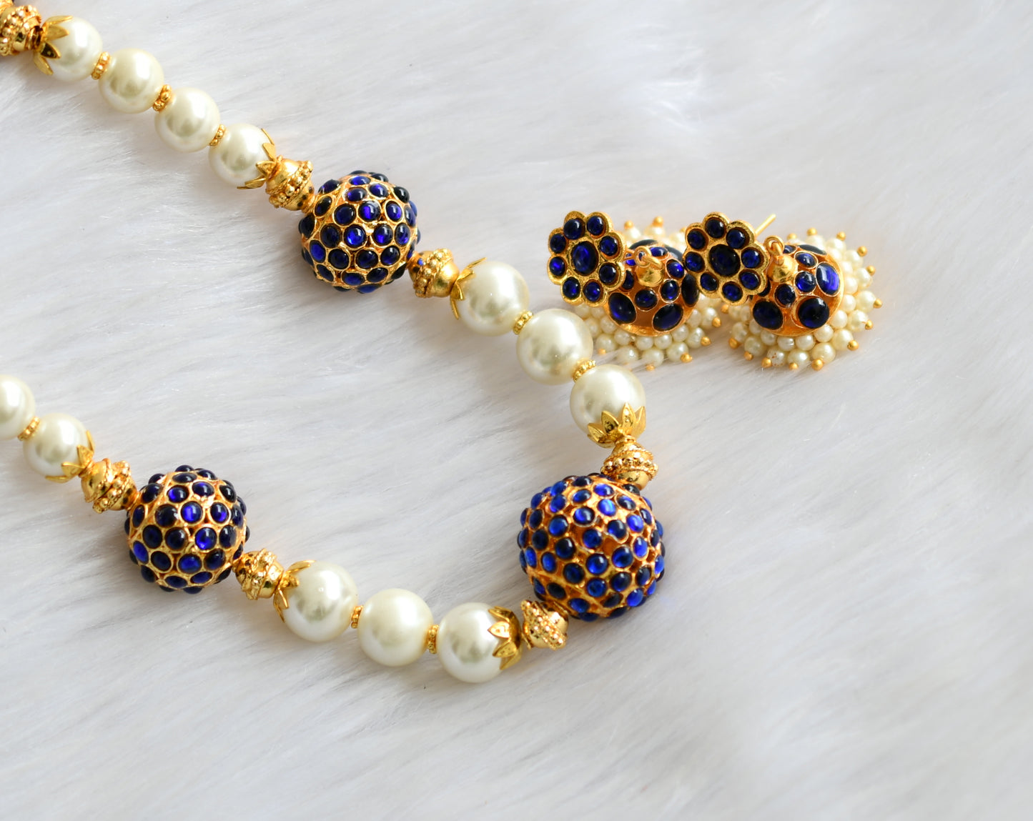 Gold tone blue Rudhra ball pearl beaded necklace set dj-19280