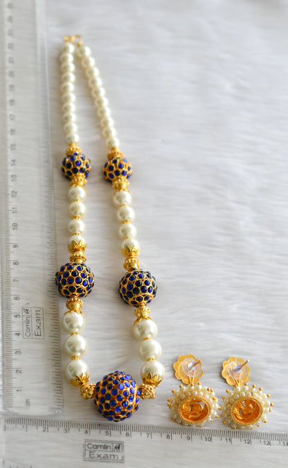 Gold tone blue Rudhra ball pearl beaded necklace set dj-19280