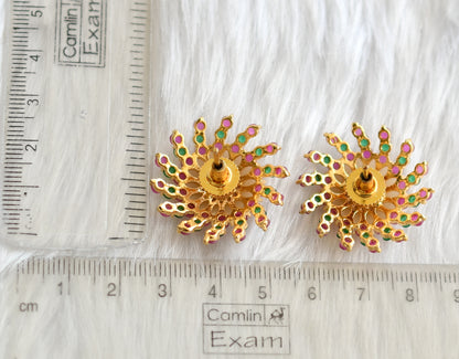 Gold tone pearl-ruby-emerald big earrings/Stud dj-39186