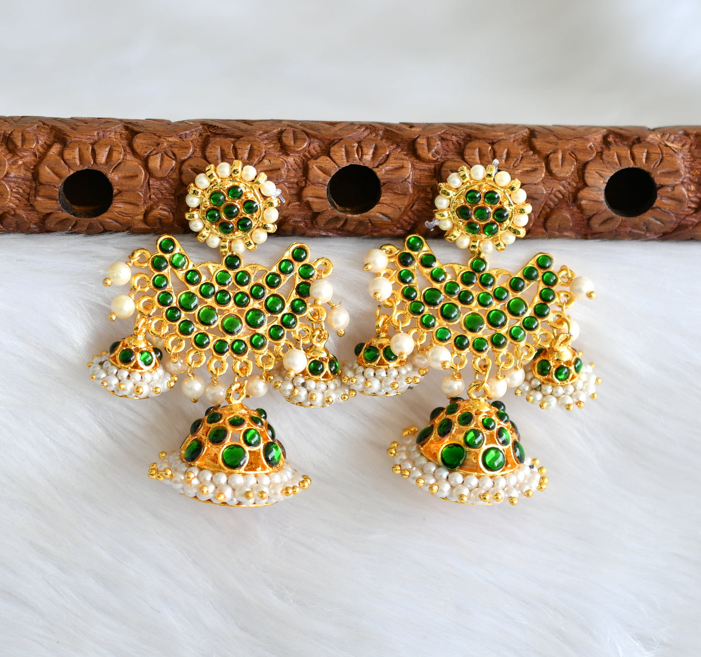 Gold tone green pearl kemp jhumkka dj-19275