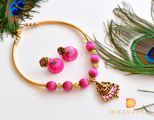 Antique gold tone Pink Silk Thread Lakshmi Necklace Set DJ21166