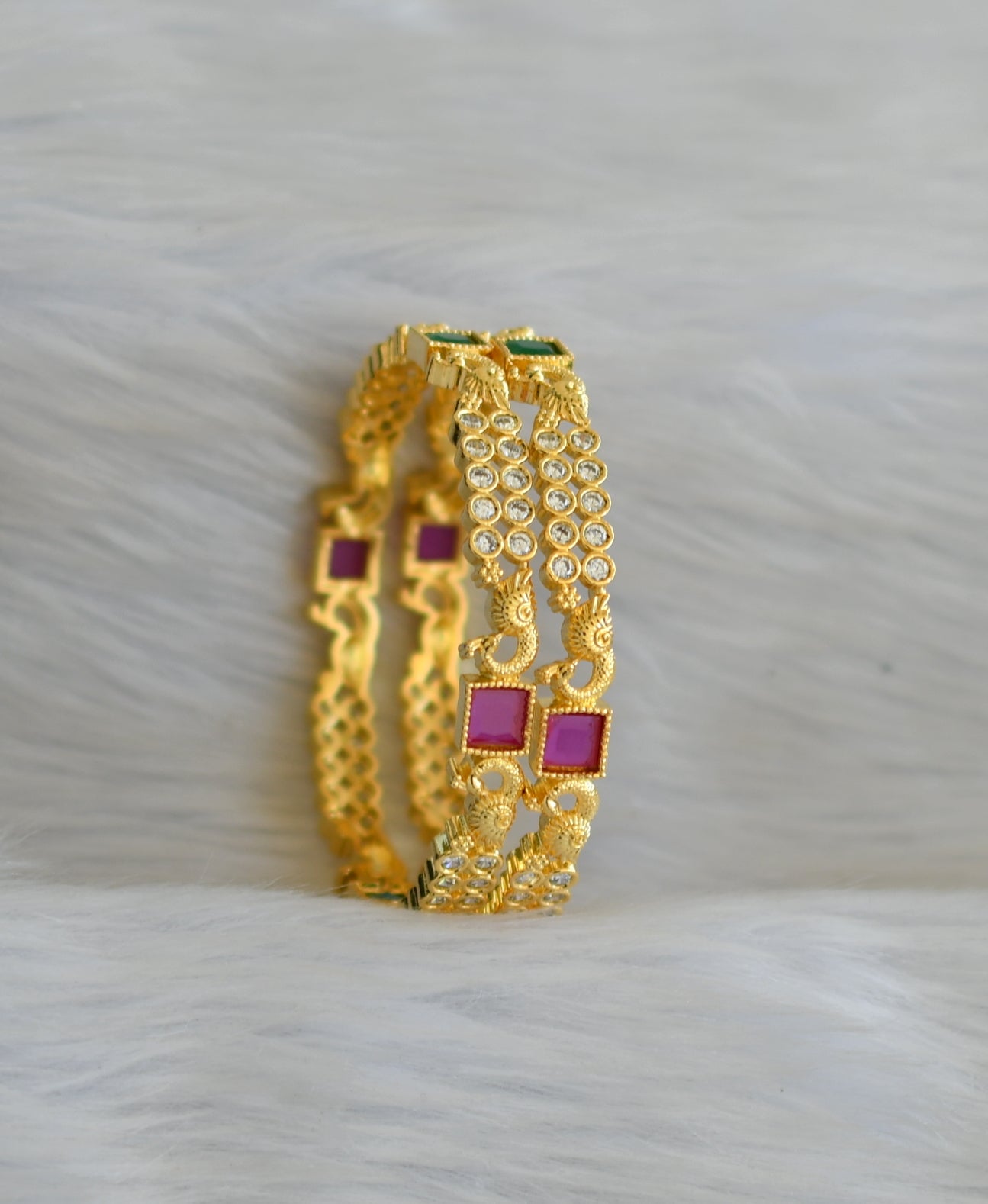 Gold tone ruby-green-white block stone peacock bangles (2.8) dj-40727