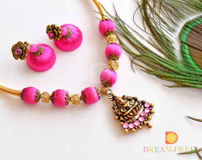 Antique gold tone Pink Silk Thread Lakshmi Necklace Set DJ21166