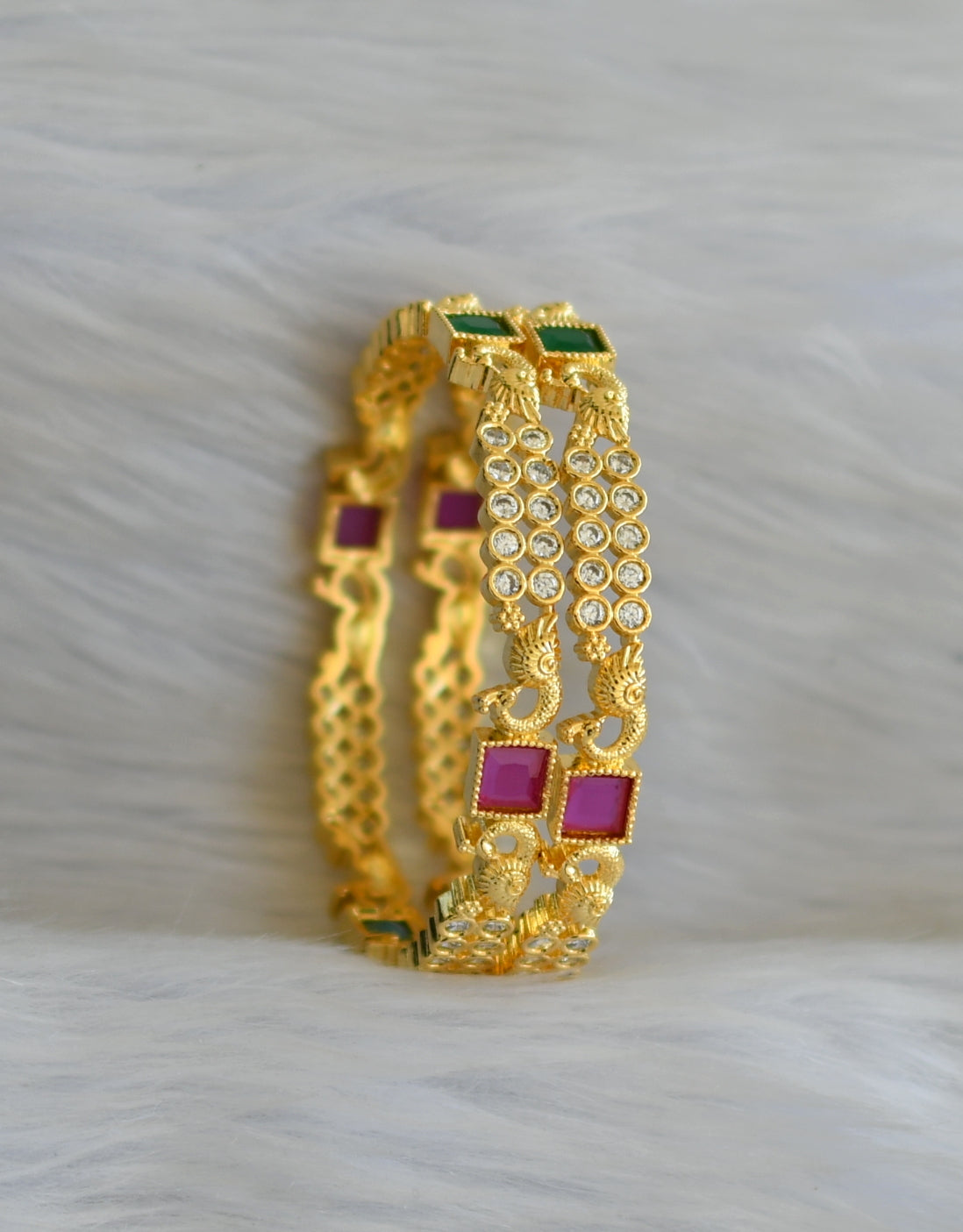 Gold tone ruby-green-white block stone peacock bangles (2.4) dj-40725