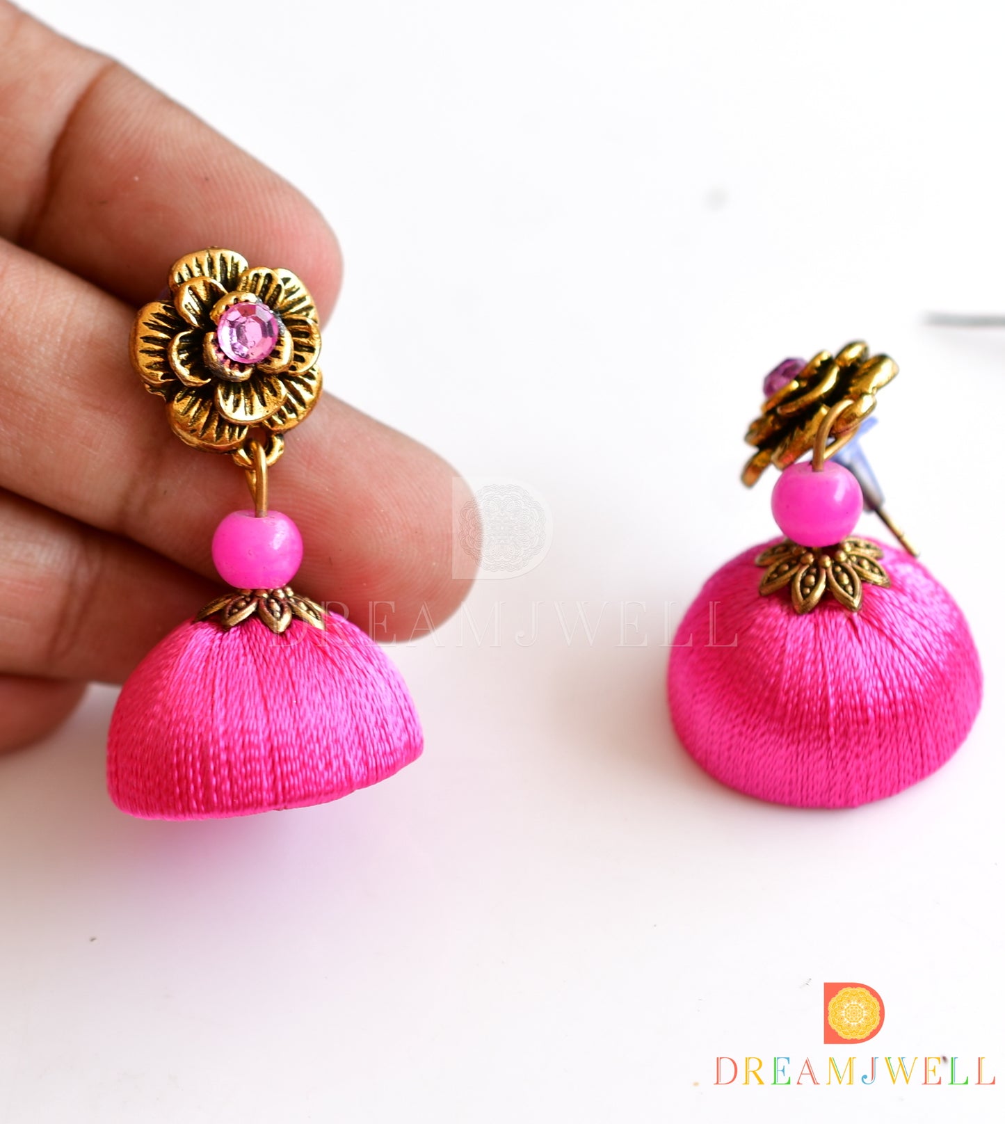 Antique gold tone Pink Silk Thread Lakshmi Necklace Set DJ21166