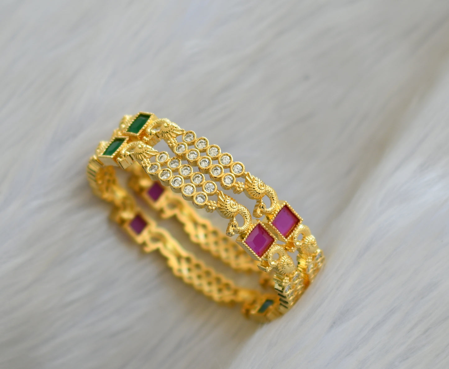 Gold tone ruby-green-white block stone peacock bangles (2.8) dj-40727