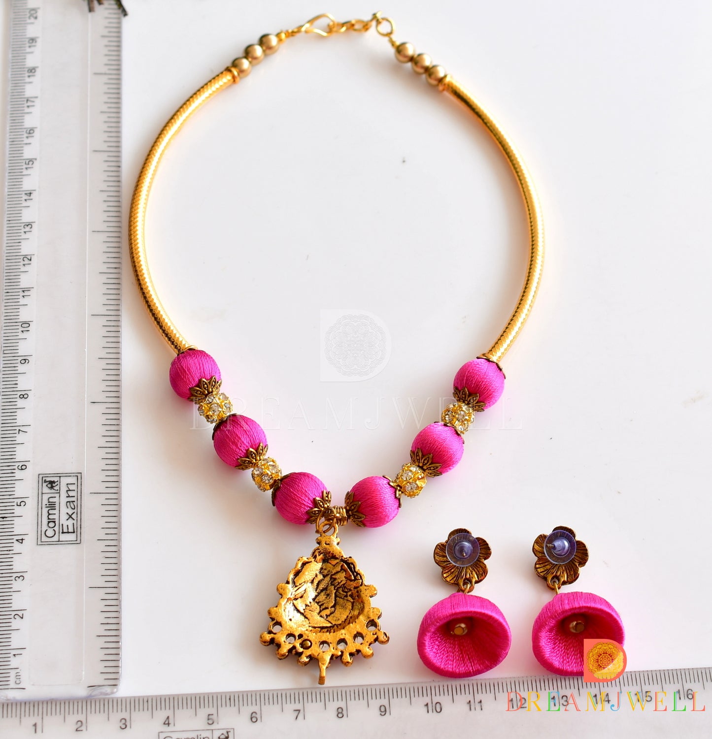 Antique gold tone Pink Silk Thread Lakshmi Necklace Set DJ21166