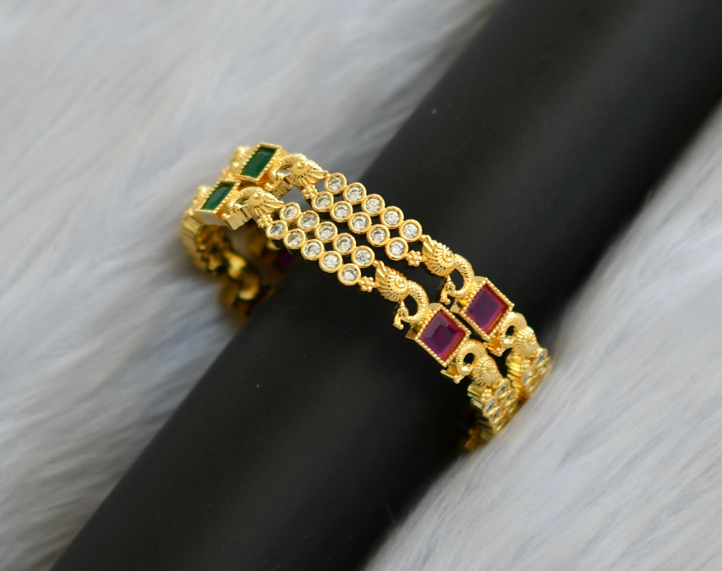 Gold tone ruby-green-white block stone peacock bangles (2.8) dj-40727