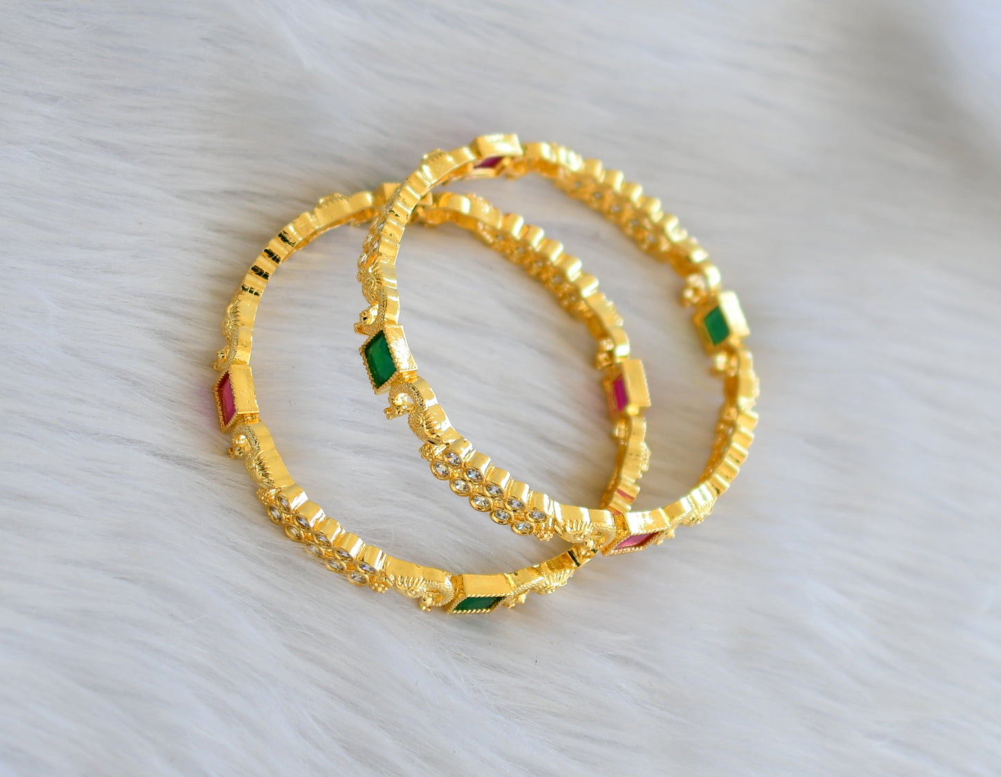 Gold tone ruby-green-white block stone peacock bangles (2.8) dj-40727