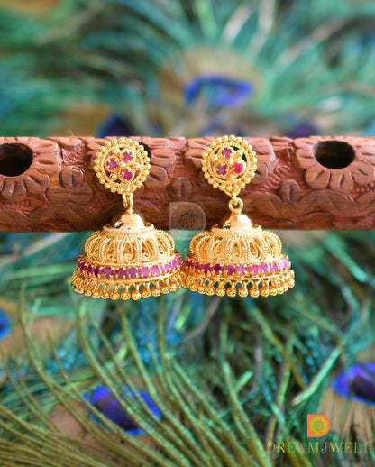 Gold tone AD pink stone Kerala style jhumkka dj-36823