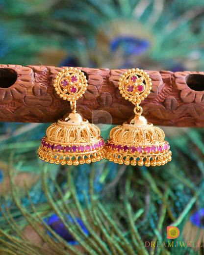 Gold tone AD pink stone Kerala style jhumkka dj-36823