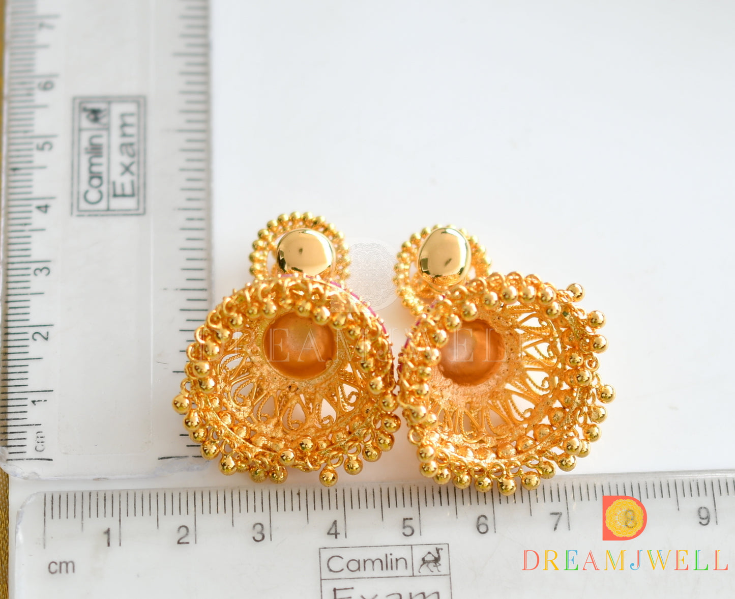 Gold tone AD pink stone Kerala style jhumkka dj-36823