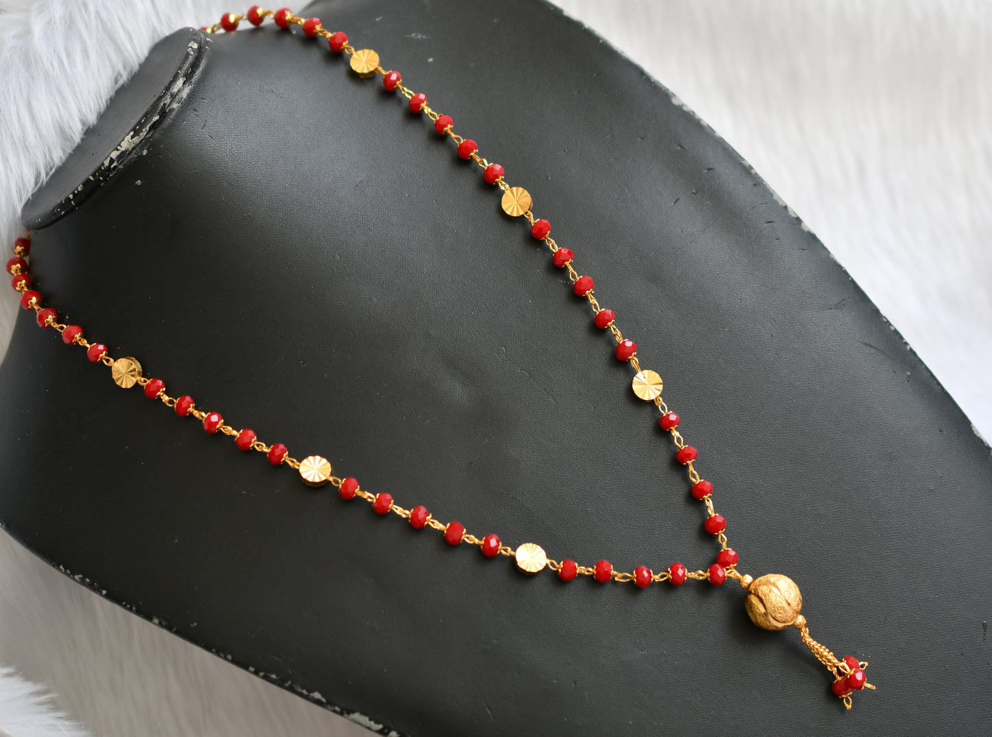 Gold tone long red beaded mala dj-39204
