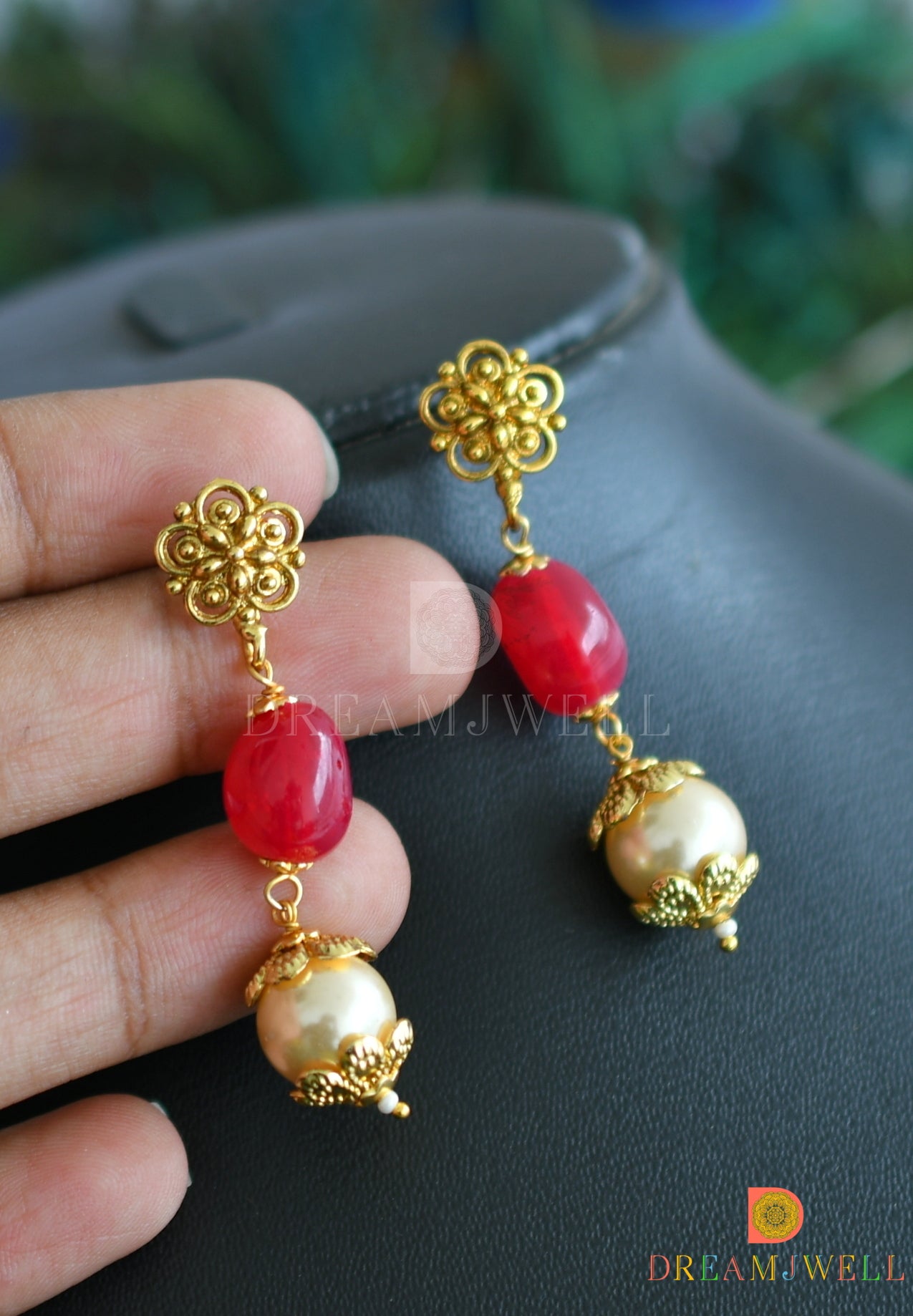 Antique gold tone ruby-pearl necklace set dj-21920