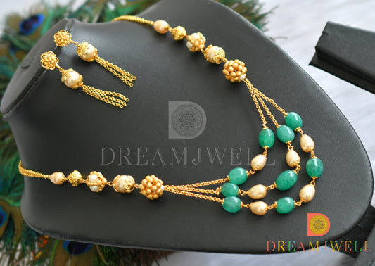 Antique Gold tone green-pearl beaded necklace set dj-22136