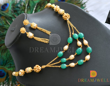 Antique Gold tone green-pearl beaded necklace set dj-22136