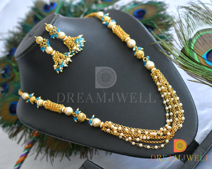 Gold tone blue pearl mala necklace set dj-18391