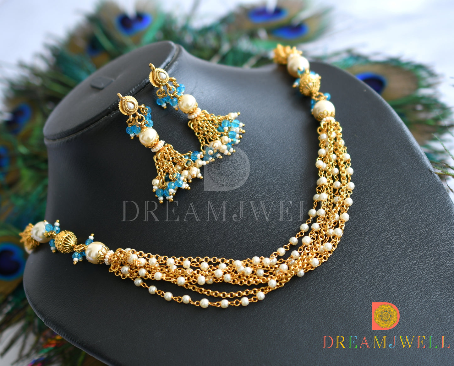 Gold tone blue pearl mala necklace set dj-18391