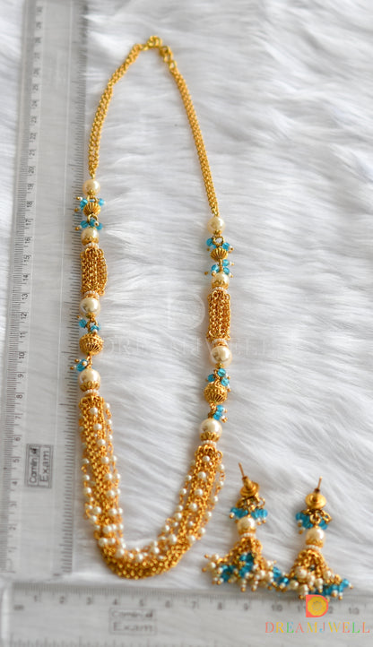 Gold tone blue pearl mala necklace set dj-18391