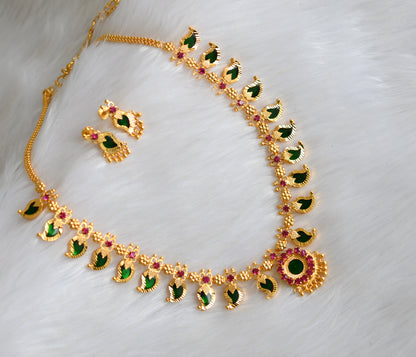 Gold tone pink-green 10 petal mango necklace set dj-34089