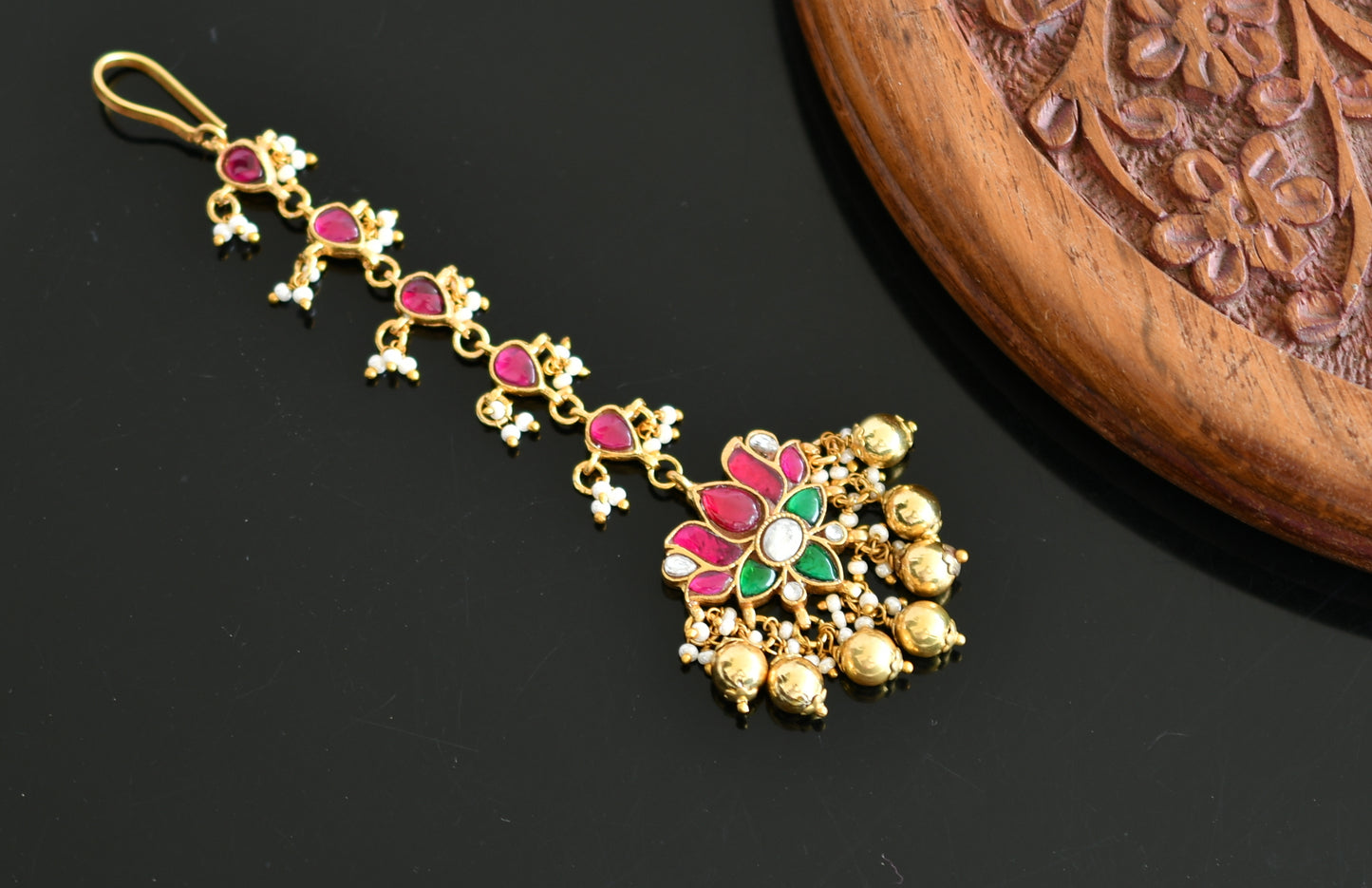 Gold tone pink-green-white Kundan jadau lotus tikka dj-36357