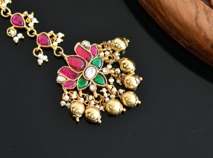 Gold tone pink-green-white Kundan jadau lotus tikka dj-36357