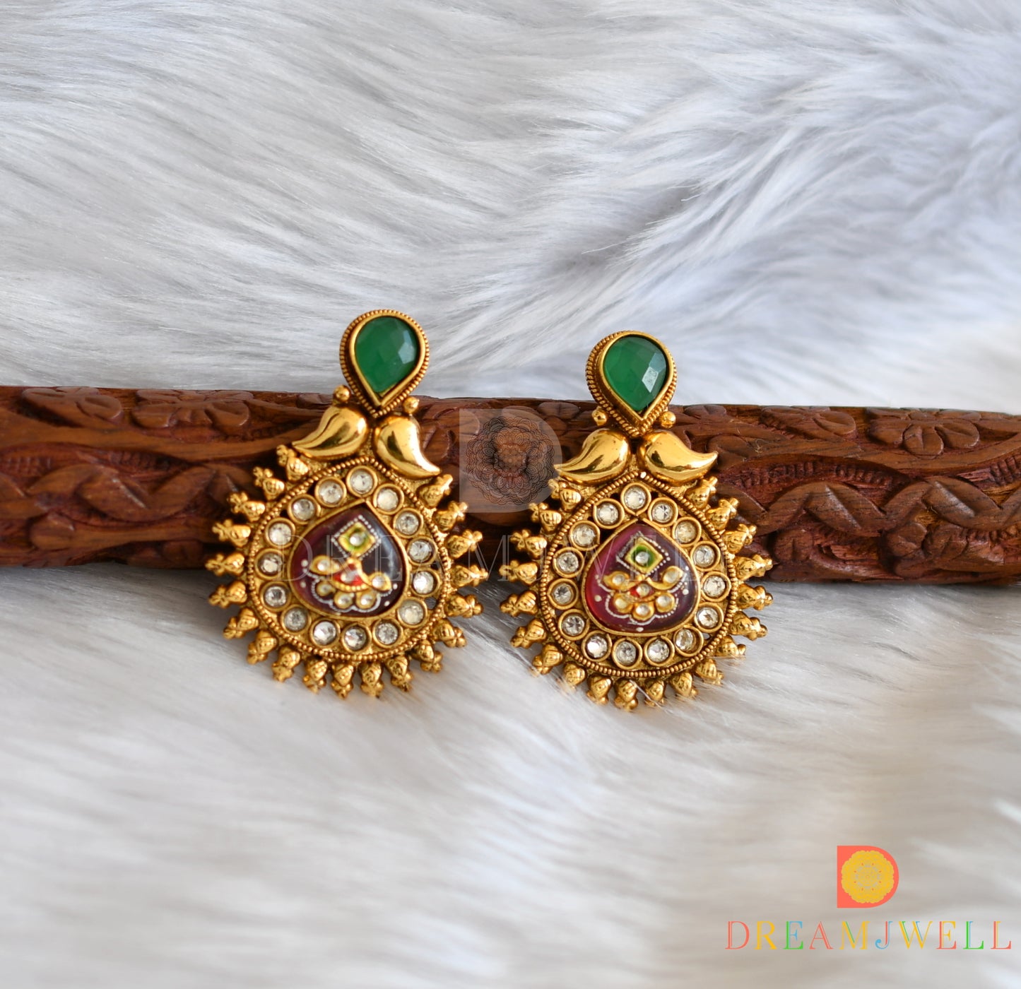 Antique gold tone meenakari red-green earrings dj-38406