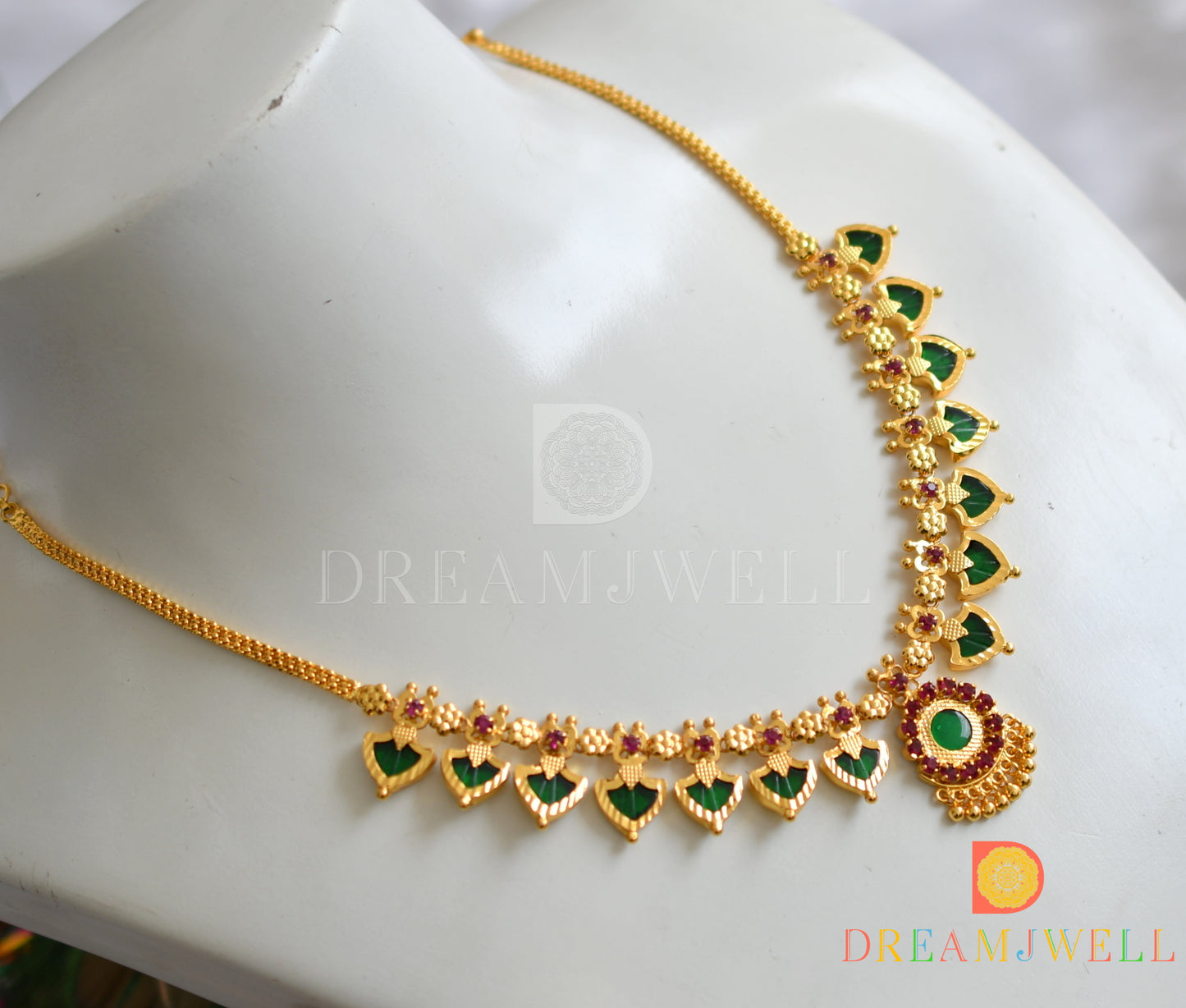 Gold tone pink-green palakka Kerala style necklace dj-18934