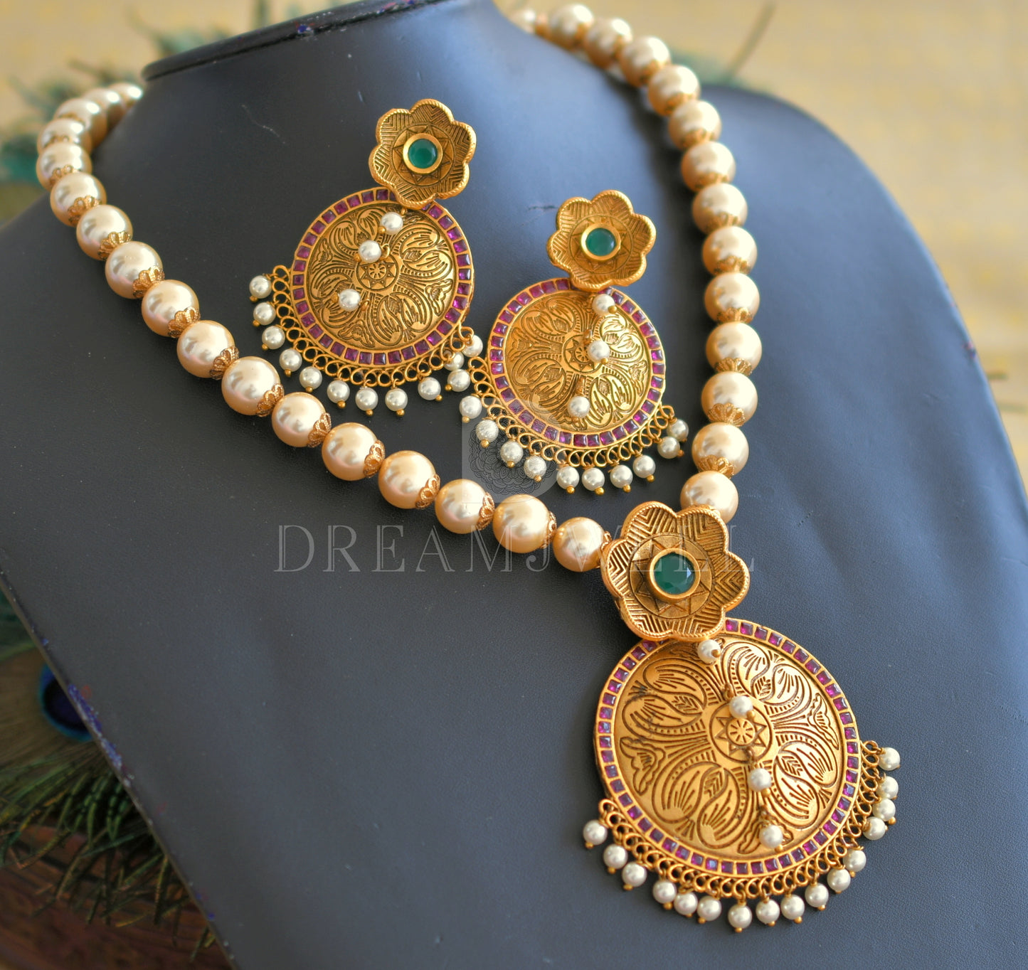 Antique ruby-emerald pearl designer necklace set dj-07730