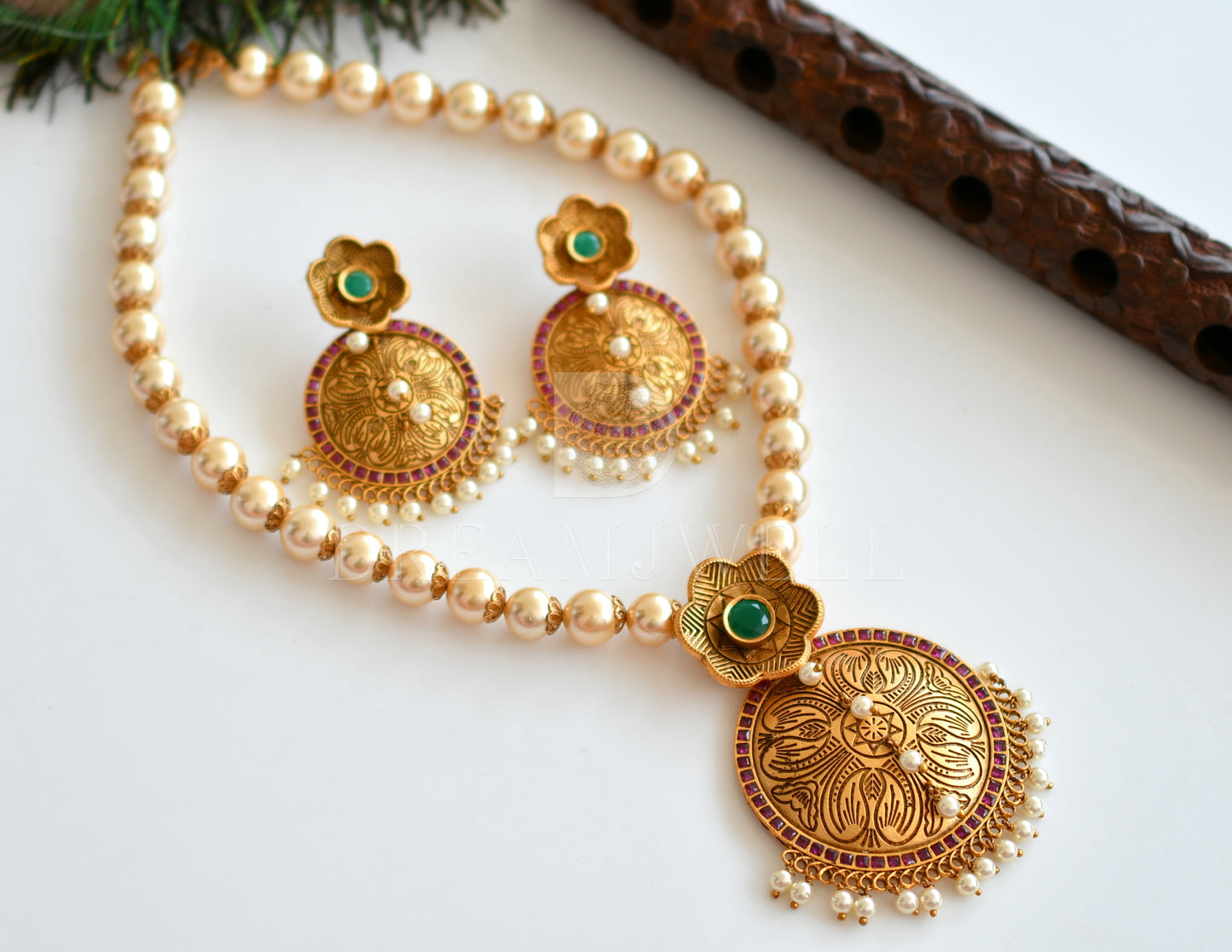 Antique ruby-emerald pearl designer necklace set dj-07730