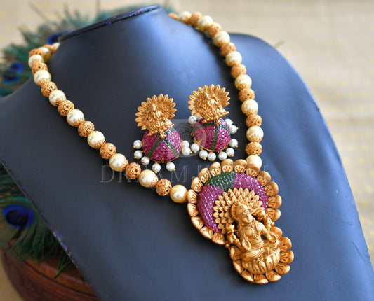 Matte finish ruby-green pearl lakshmi necklace set dj-08213