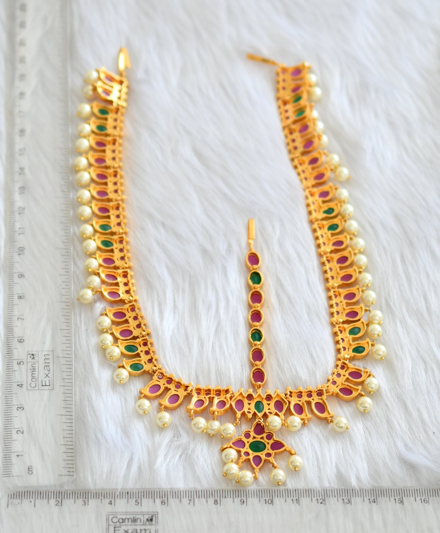 Gold tone ruby-emerald pearl mango tikka dj-19842
