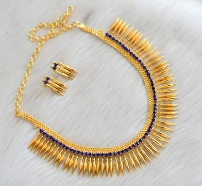 Gold tone blue stone mulla mottu Kerala style necklace set dj-37490