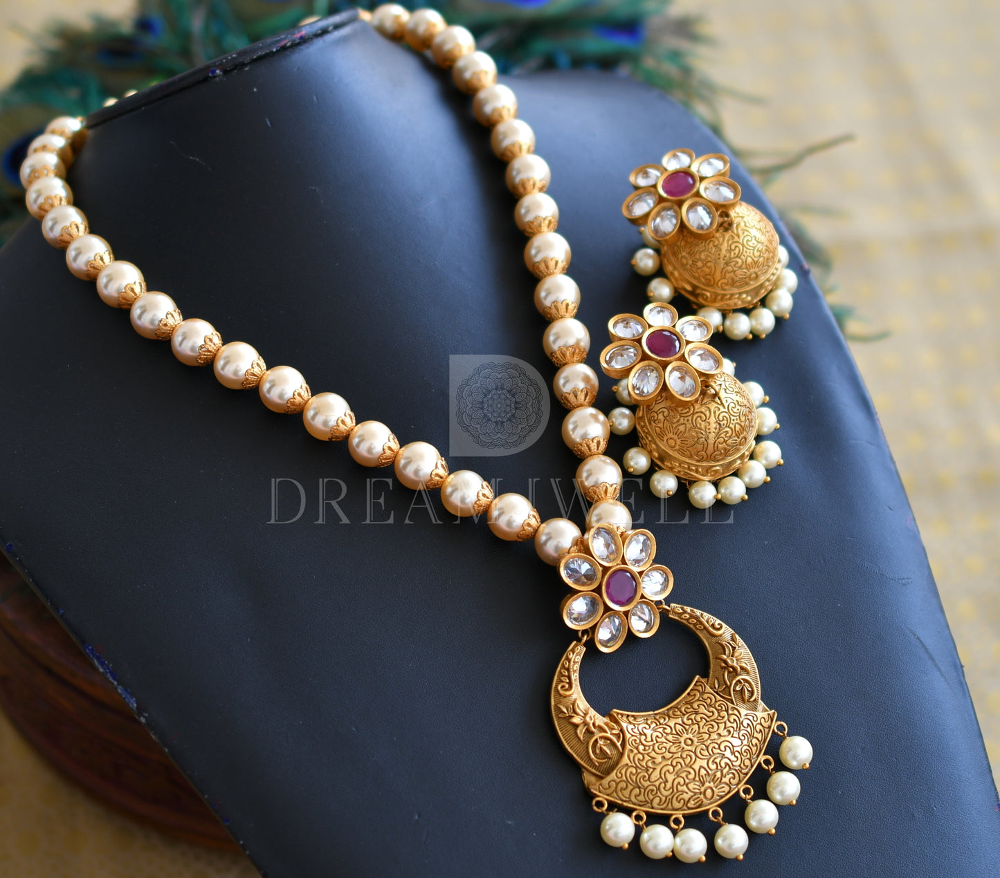 Matte finish cz ruby designer pearl necklace set dj-07732