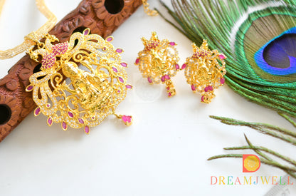Gold Tone Cz Ruby Lakshmi-peacock Necklace Set dj-06306
