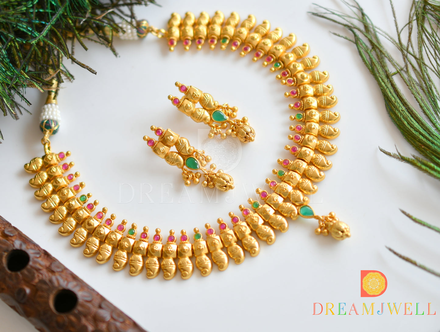 Gold tone Ruby-emerald Mango Necklace Set -dj10378