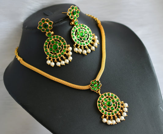 Gold tone green pearl temple necklace set dj-21208