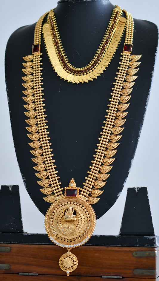 Gold tone maroon-red Lakshmi coin mango haar and necklace dj-39897