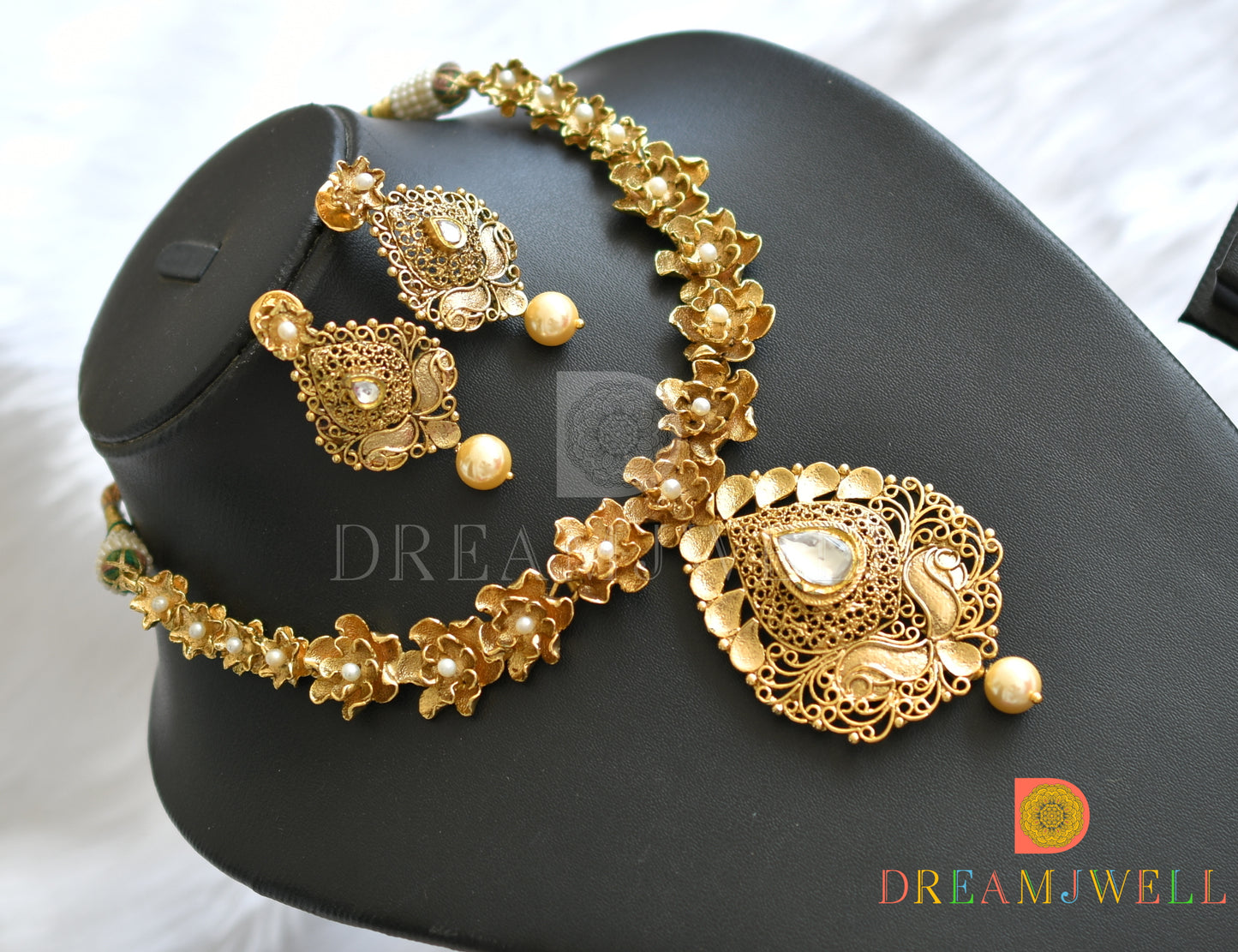 Antique flower pearl kundan necklace set dj-01808